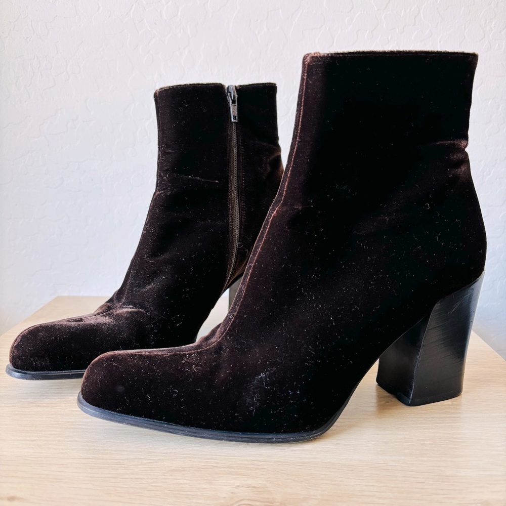 Prada Dark Brown Velvet Soft Ankle Booties Boots Zip Up 3.5 Inch Heel